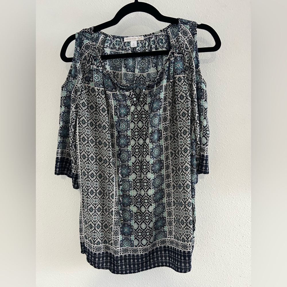 Westport Cold-Shoulder Printed Tunic in Teal and Navy Size XL